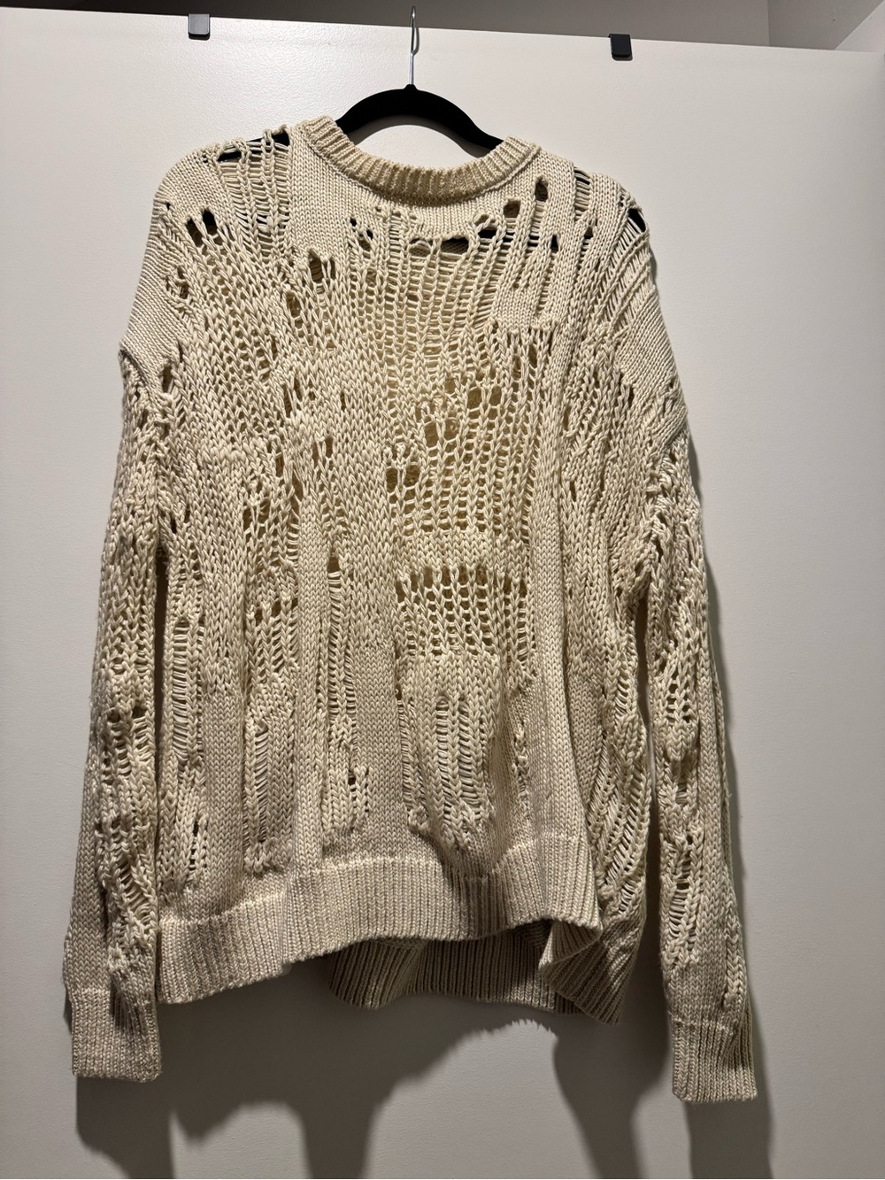 Zara Cream Open-Knit Distressed Crewneck Sweater